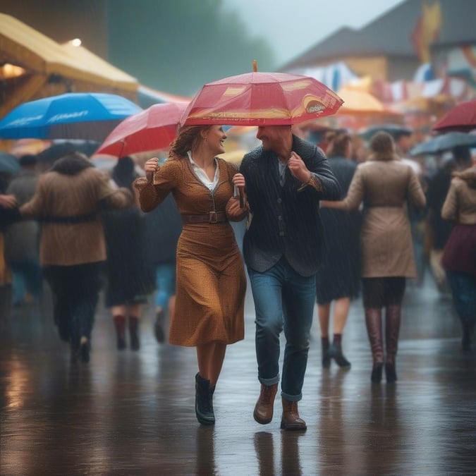 A couple enjoys a romantic walk in the rain, with the woman in a brown dress and the man in a dark jacket and blue jeans, both holding umbrellas and smiling at each other.