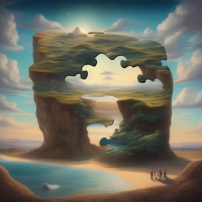 An imaginative art piece depicting an island with a large hole in the center, overlooking a vibrant landscape.