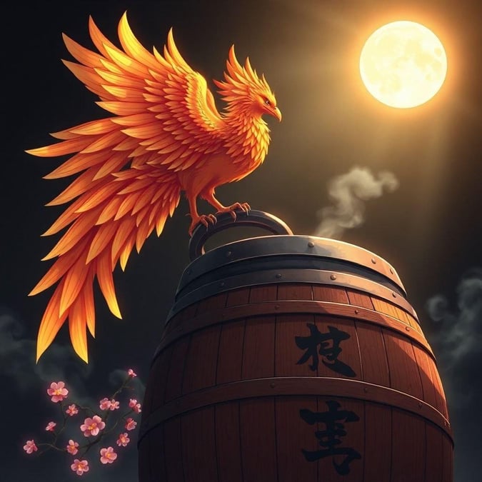 Denna fantastiska tapet visar en majestätisk fenix som sitter på toppen av ett stort sakefat och visar ett livligt orange och gult färgschema som perfekt fångar essensen av japansk kultur.