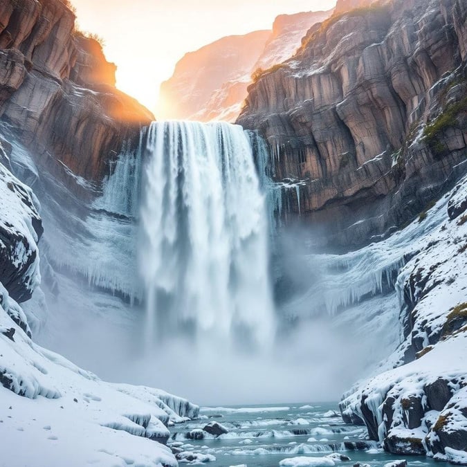 This captivating wallpaper depicts a majestic waterfall cascading down a towering cliff face. The snowy forest adds an element of tranquility, while the clear blue sky at sunset paints a serene backdrop. Perfect for your desktop or mobile device.