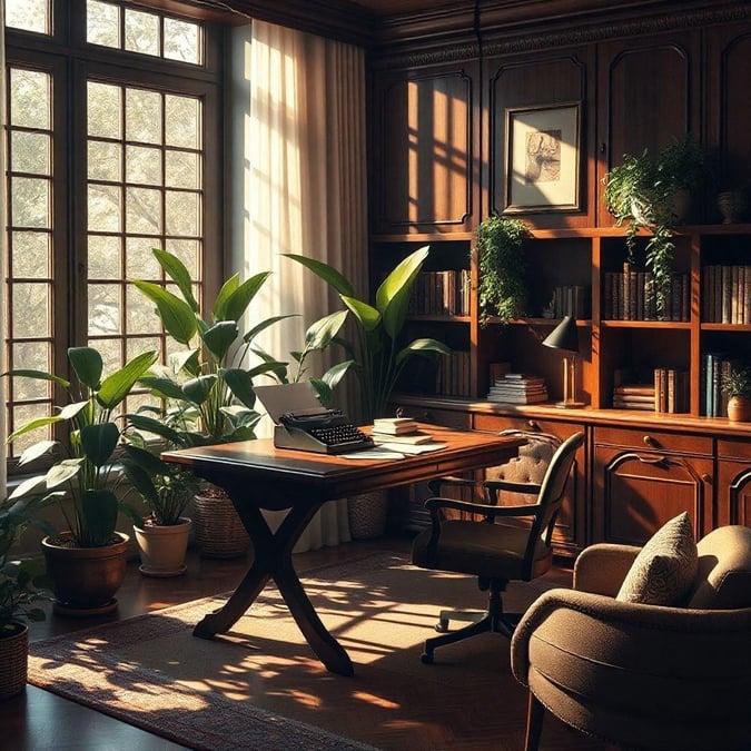 A cozy, well-lit study room with wooden bookshelves filled with books and decorated with plants.