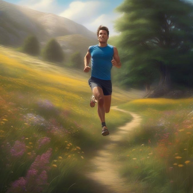 A man in a blue sports shirt running on a trail, with mountain meadows and wildflowers. Fresh air and exercise in nature.