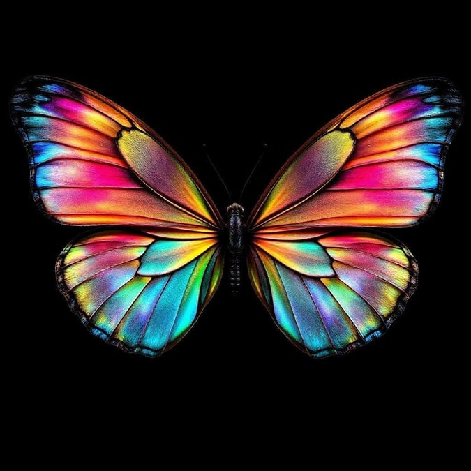 Add a splash of color to your desktop or mobile with this stunning butterfly wallpaper. The abstract design features a beautiful butterfly in shades of pink, orange, yellow, blue, and purple, set against a black background. Perfect for anyone who loves nature and bright colors.