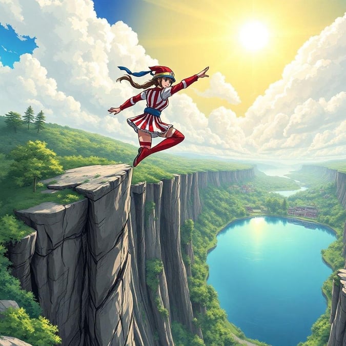 This stunning anime-style wallpaper features a majestic ninja warrior leaping off the edge of a cliff, surrounded by a serene lake, tall trees, and a few buildings in the distance. The warrior's colorful clothing and accessories add to the vibrant atmosphere of the scene.