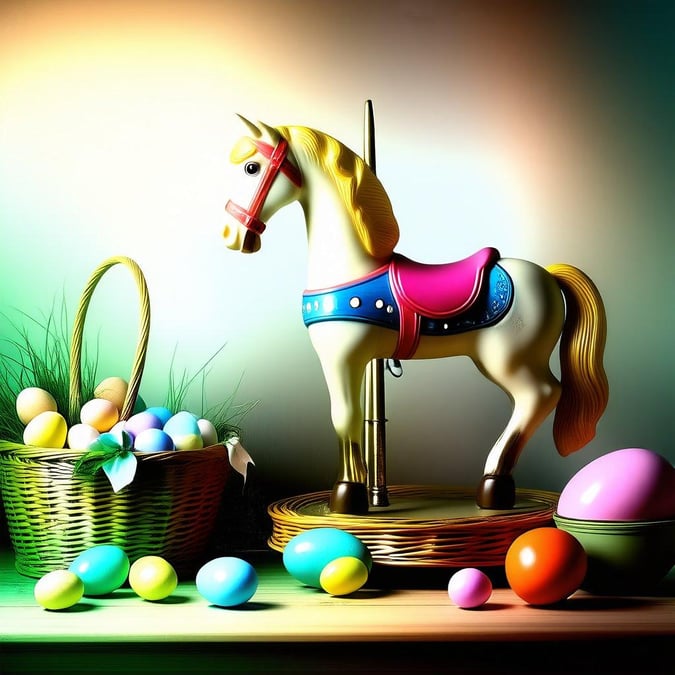 This Easter wallpaper features a colorful horse surrounded by Easter eggs, perfect for adding a touch of springtime joy to your desktop or mobile device.