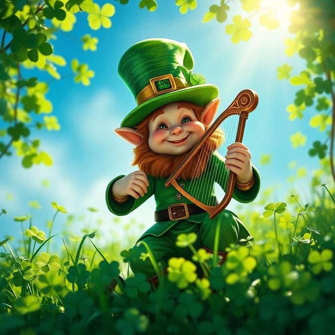 Celebrate the magic of St. Patrick's Day with a cheerful Irish leprechaun playing his harp in a field of shamrocks. The perfect wallpaper for anyone who loves a bit of whimsy and color.