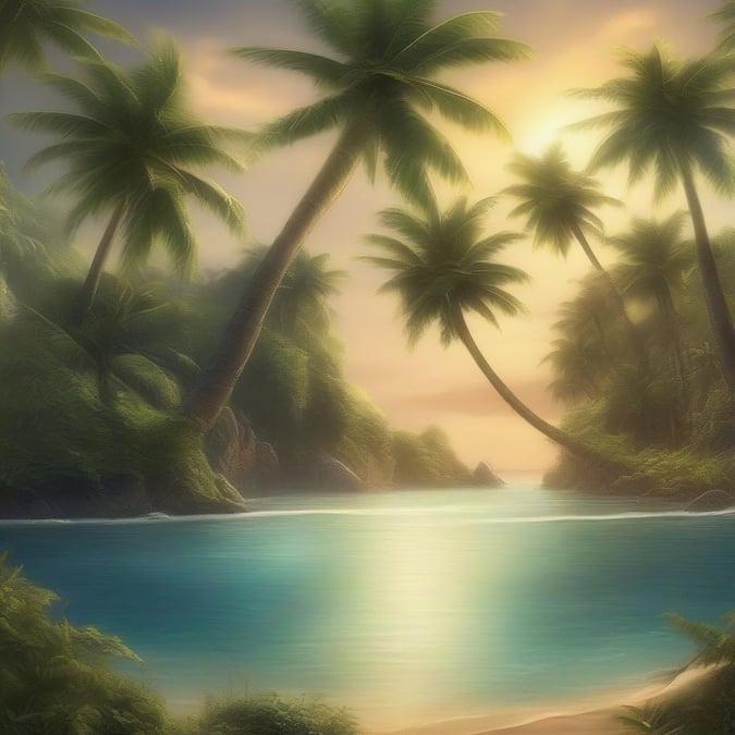 A serene tropical landscape with clear blue water, lush palm trees, and a gentle beach shore at sunrise or sunset.