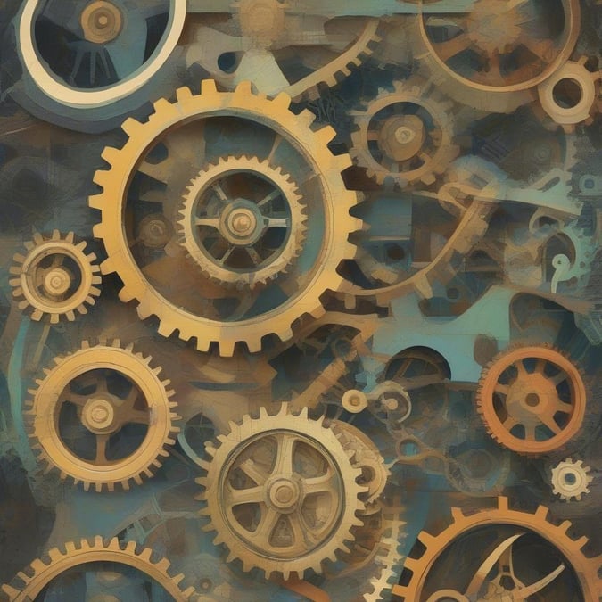 This image features a collection of gears and cogs in various sizes and shapes, set against a dark gray background. The light brown color of the gears gives them a realistic appearance, and the overall effect is one of industrial or mechanical complexity.