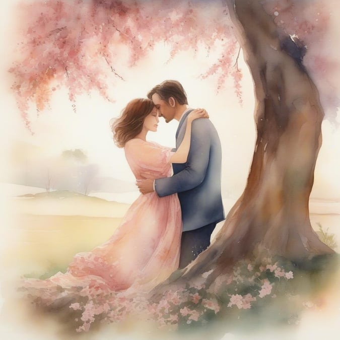 Celebrate Valentine's Day with this heartwarming image featuring a couple sharing an intimate moment under the blooming cherry blossom trees. The image exudes romance and affection, making it perfect for setting as your desktop or mobile wallpaper.