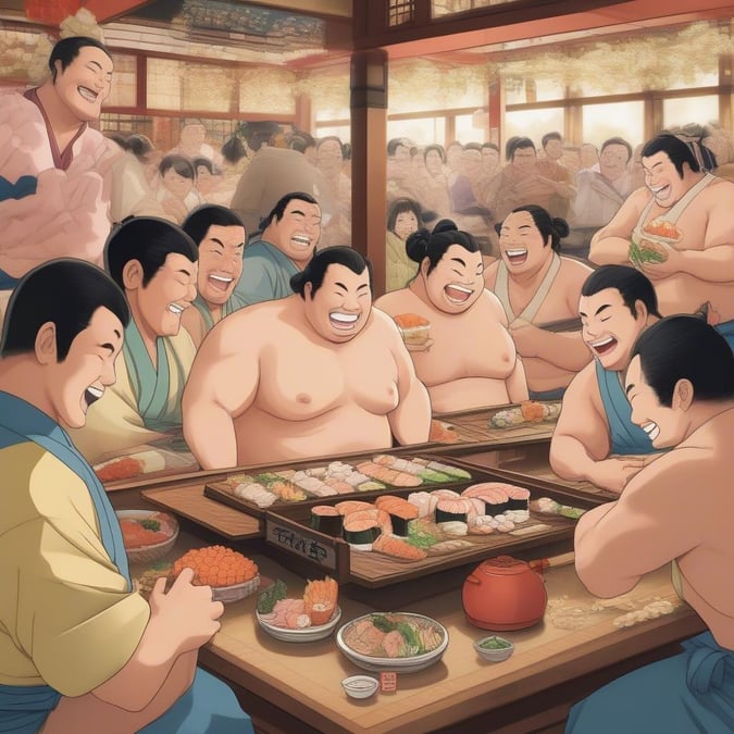 I denna livliga anime-illustration samlas en grupp sumobrottare runt en sushibar, deras ansikten fyllda med glädje och skratt. Scenen är inställd mot en avslappnad bakgrund, med en folkmassa som står i bakgrunden, vars ansikten är dolda av folkmassan. Fokus ligger på gruppen av sumobrottare, som är klädda i avslappnad klädsel och verkar njuta av maten.