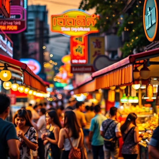 This image captures the vibrant atmosphere of a Thai street market, with its colorful stalls, lively vendors, and bustling crowds.