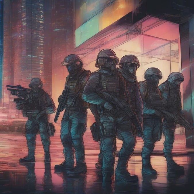 A group of futuristic soldiers stand in a line, ready for action in the neon city.