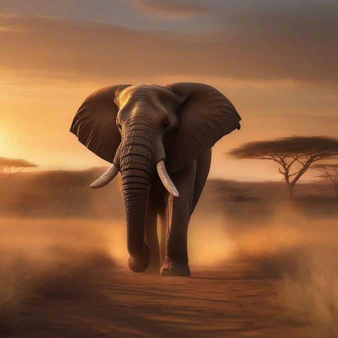 An elephant strides majestically through the savanna at sunset, a sight that captures the essence of travel and adventure on the African continent.