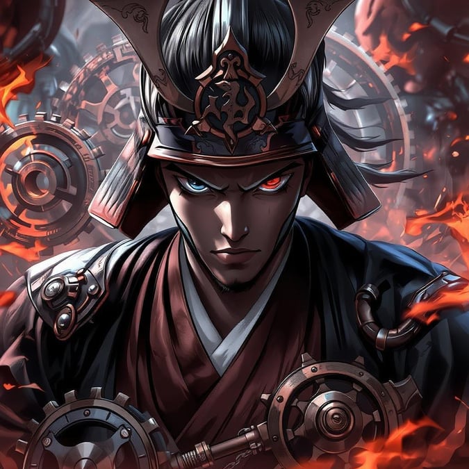 Una intensa imagen de fantasía steampunk que presenta a un samurai decidido navegando a través de intrincadas maquinarias. La imagen captura la esencia de la fantasía y la aventura, con la mirada enfocada del samurai que lleva al espectador a un enigmático mundo de engranajes y misterio.