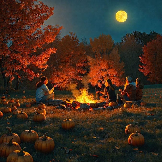 Friends enjoying an evening by the campfire in autumn. A cozy scene under a full moon.