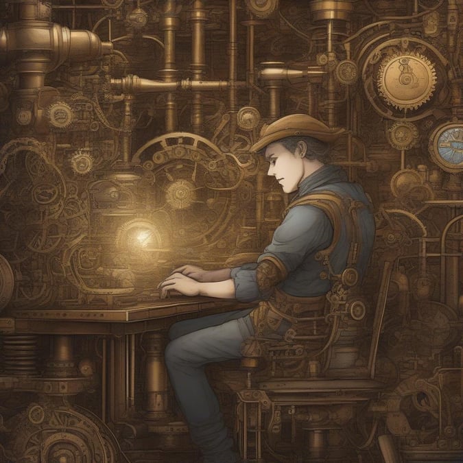 Denna bild visar en steampunk-inspirerad scen av en man som sitter vid ett skrivbord, omgiven av intrikata maskiner och kugghjul. Mannens långa rock och hatt, kompletterad med goggles som vilar på hans panna, ger honom ett distinkt steampunk-utseende.