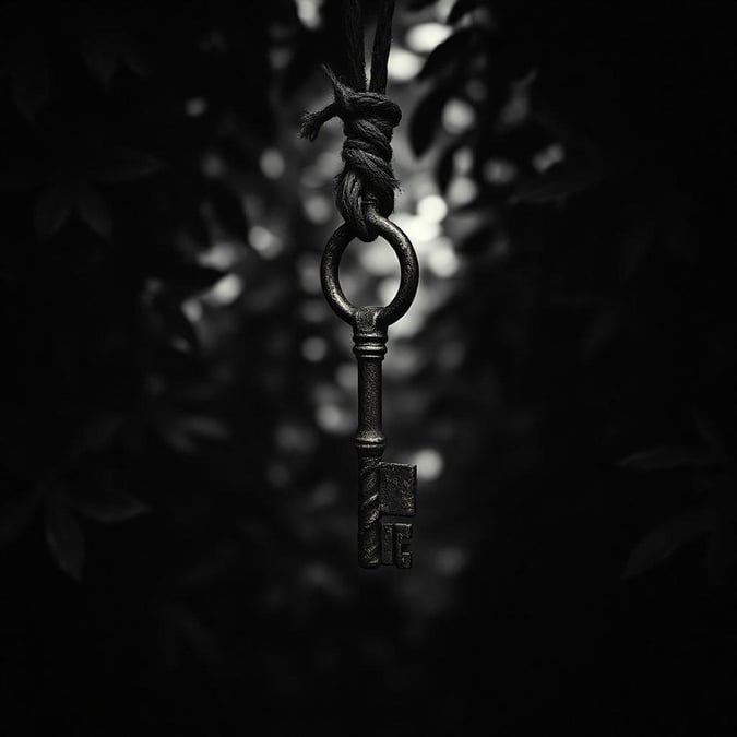 This captivating black and white wallpaper features a key hanging from a rope, exuding a sense of mystery and intrigue.