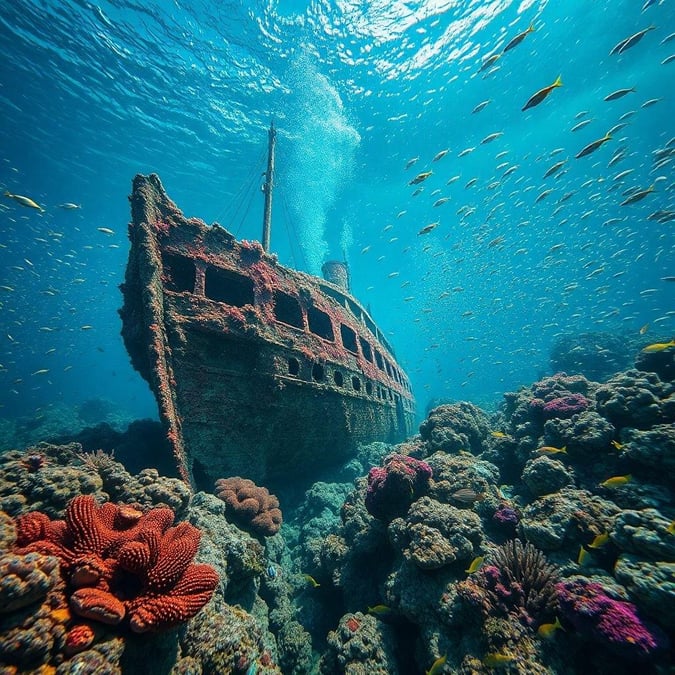 Immerse yourself in the breathtaking beauty of the ocean's depths with this captivating image of a shipwreck, teeming with life and color.