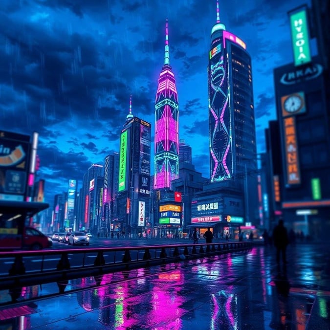 A serene digital illustration capturing the vibrant neon lights and modern skyscrapers of a futuristic Tokyo cityscape at dusk. The reflection of lights on wet pavement adds depth, while the dark sky provides a tranquil backdrop to the towering structures.