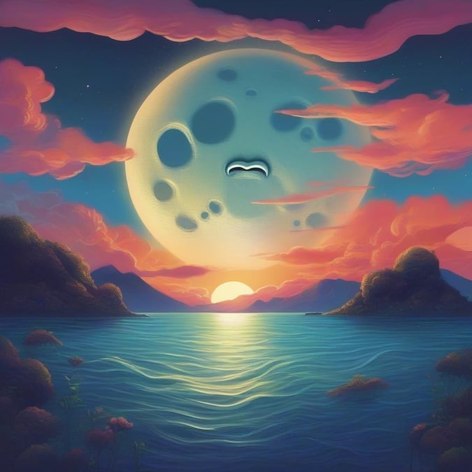 As the sun sets, the sky transitions to hues of pink and blue, mirrored perfectly by a tranquil ocean. A crescent moon casts a dreamy glow over the scene, while a hidden face in the clouds adds a touch of whimsy. Perfect wallpaper for those who love starry skies and serene landscapes.