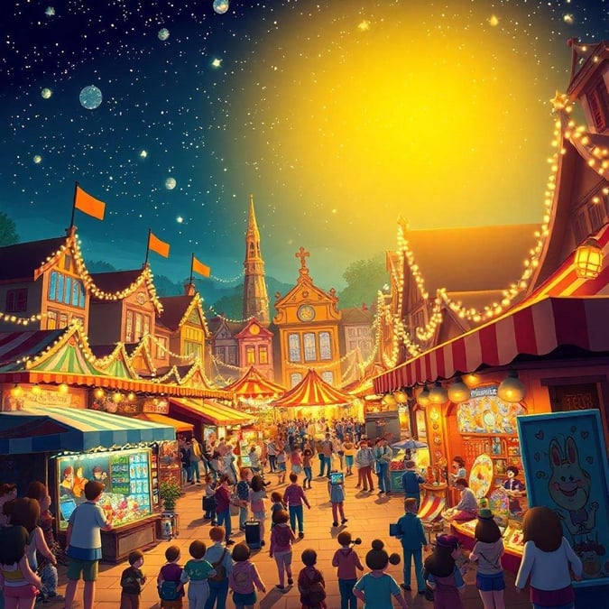 Colorful festival street scene with people, food stands, lights, and festivities. Cartoon style wallpaper for desktop and mobile use.