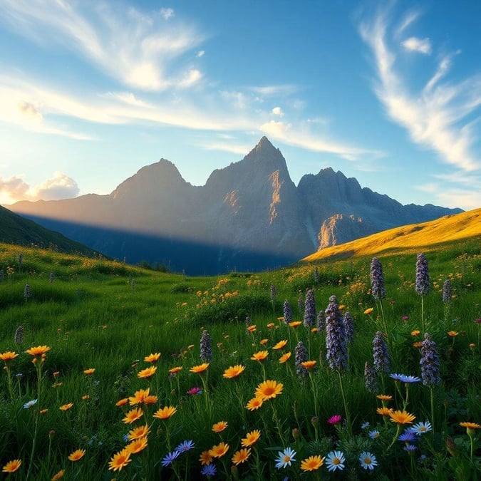 A beautiful and serene scene of wildflowers in front of a mountain range, with a blue sky and warm sunlight.