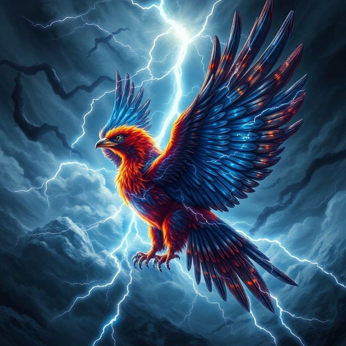 The majestic bird, often seen as a symbol of strength and freedom, soars through the tempest. Its vibrant feathers shine against the dark sky, as bolts of lightning strike around it. This image captures the essence of power and resilience amidst adversity.