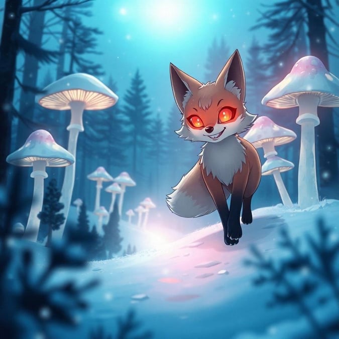 A magical tale of a fox spirit exploring the mystical realm of a snowy forest. The fox's glowing red eyes and warm smile invite you into a world of wonder where tall, luminescent mushrooms cast their ethereal glow under the night sky.