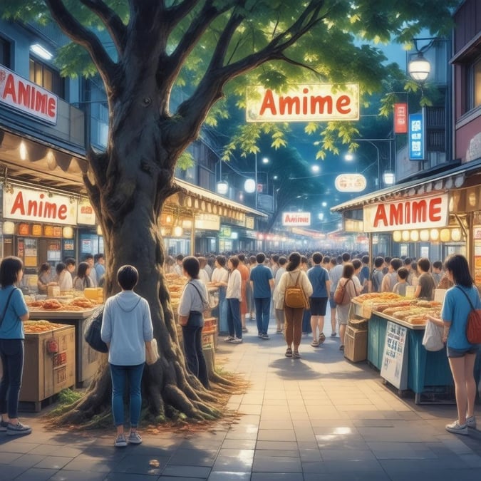 Step into a world of vibrant colors and lively energy with this anime-inspired street market scene. The bustling atmosphere is filled with a variety of food stalls and vendors, creating a unique and captivating experience.