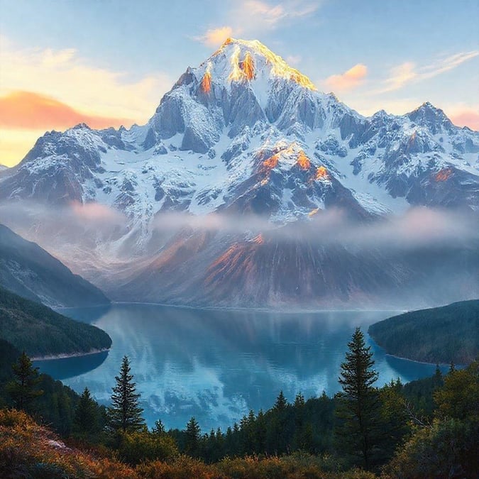 A picturesque landscape featuring a serene lake with crystal clear water, framed by the majestic peak of Mount Cook. The sun's glow accentuates the pristine beauty of this natural wonder.