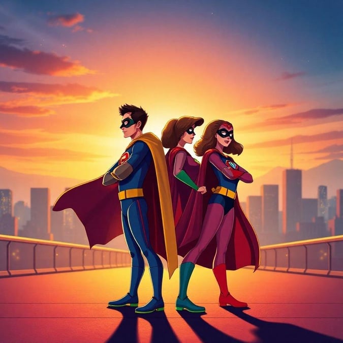 A father, daughter and son stand together as superheroes against a city backdrop at sunset.