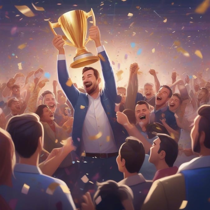 Man in blue suit holding golden trophy amidst cheering crowd, Father's Day theme with confetti, joyous moment for the team and fans.