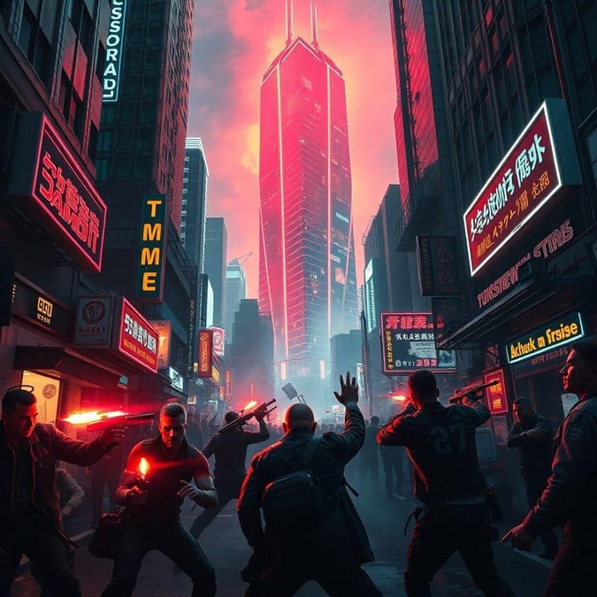 In the heart of a bustling city, neon lights flicker against the dark sky as cyberpunk rebels clash with futuristic forces. The future is now.