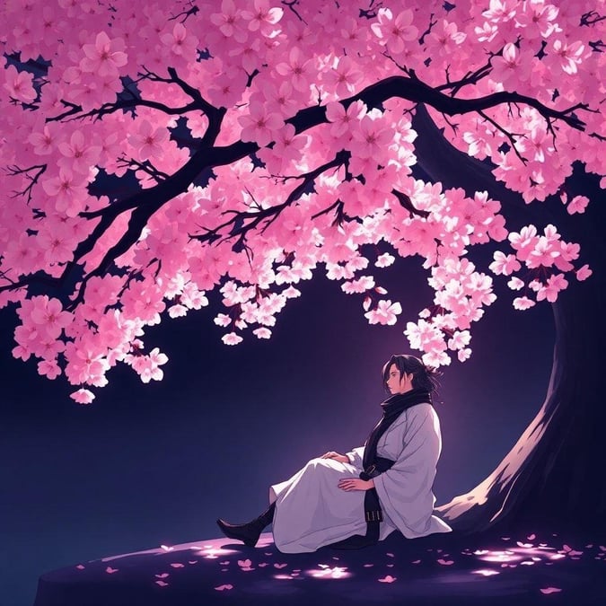 En anime-stil illustration visar en samuraj, i traditionell klädsel, sittande under ett blommande körsbärsträd. Kontrasten mellan den mörka bakgrunden och de livfulla blommorna skapar en lugn atmosfär, förstärkt av det mjuka skenet från kronbladen.