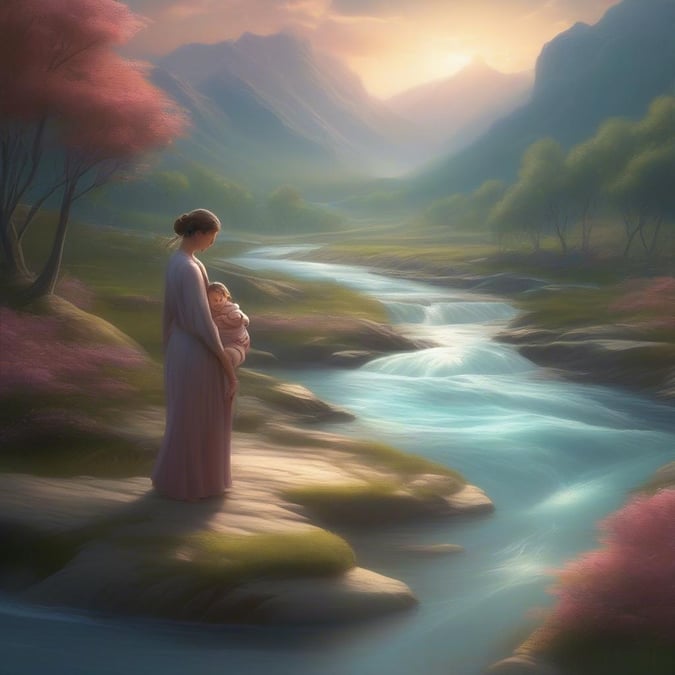 A tranquil scene depicting the gentle bond between a mother and child, set against the backdrop of nature's serene beauty.