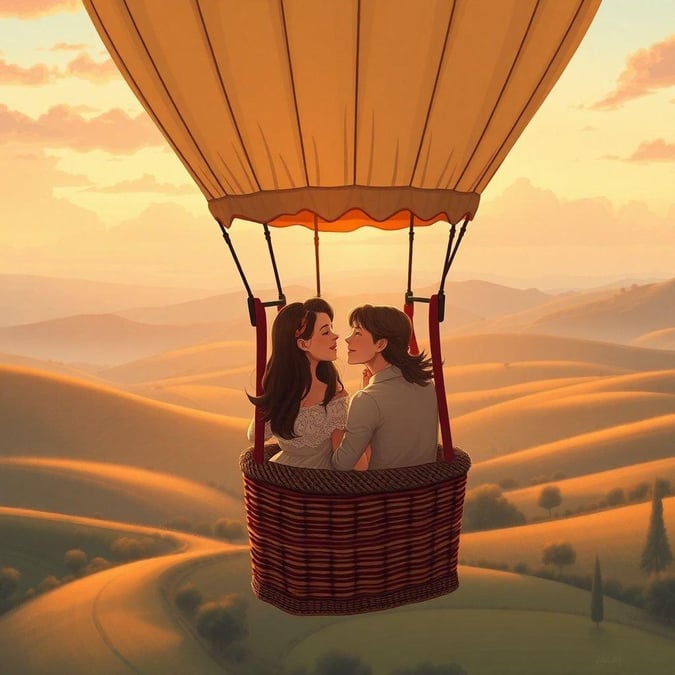 Celebrate romance with this charming couple enjoying an adventurous balloon ride over a serene landscape. Perfect for anniversaries and weddings.