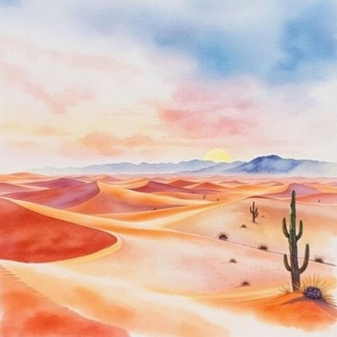 A tranquil desert scene during the holy month of Ramadan, bathed in the soft hues of a morning sun. The peacefulness and solitude are enhanced by the vastness of the sand dunes, punctuated only by a few scattered cacti.