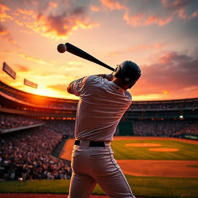 A baseball player in full uniform at bat, swinging during the golden hour, with a vibrant sunset behind him.