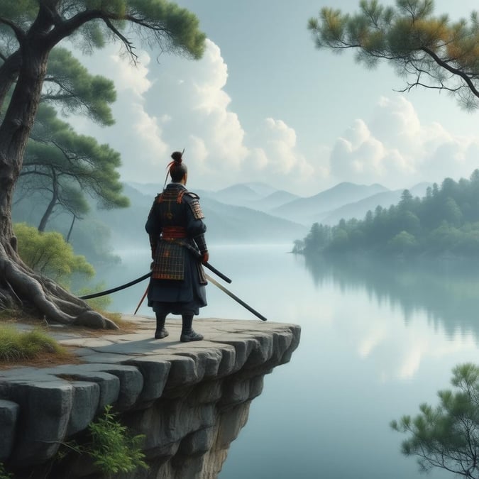 An anime-style image of a lone samurai standing at the edge of a cliff overlooking a tranquil lake, surrounded by a forest with tall trees and mountains in the distance.