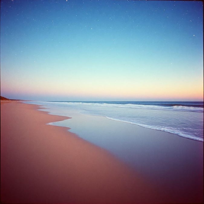 The tranquil view of an empty beach at sunset, with the sky transitioning from warm hues to cool tones. Perfect for a serene desktop or mobile wallpaper.