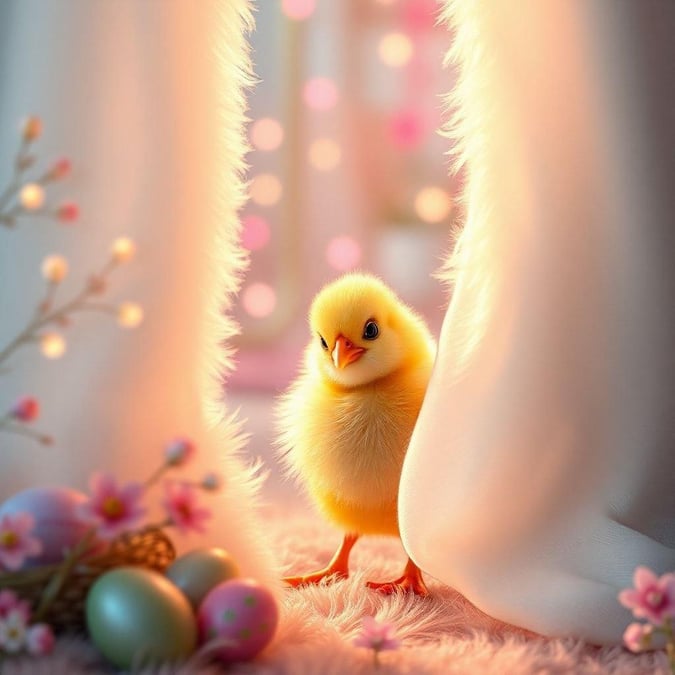 Welcome springtime with this adorable Easter wallpaper featuring a little chick peeking out from behind an inviting pair of slippers. Enjoy the festive spirit with fluffy pink and white flowers adding to the charm. A perfect background for celebrating the joyous season.