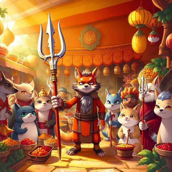 A vibrant anime-style scene where a group of anthropomorphic animals come together around a stall, surrounded by exotic spices and rare goods. The central figure, holding a trident, stands out amidst the lively atmosphere.