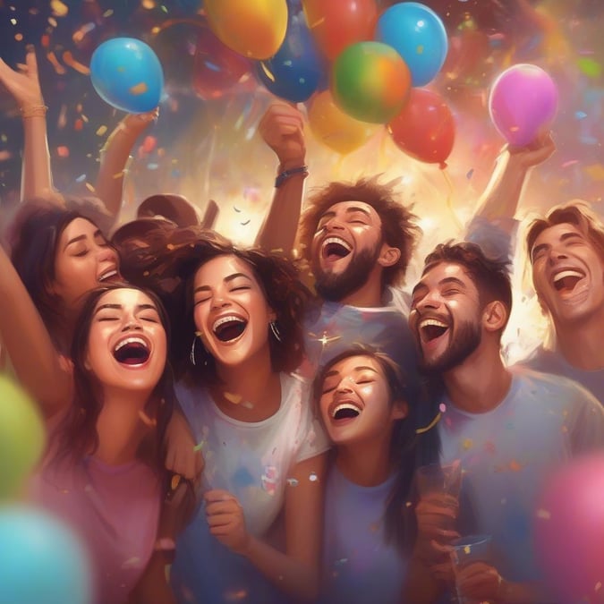 A group of people joyfully celebrating the arrival of the new year with balloons and laughter. A cheerful festive atmosphere.