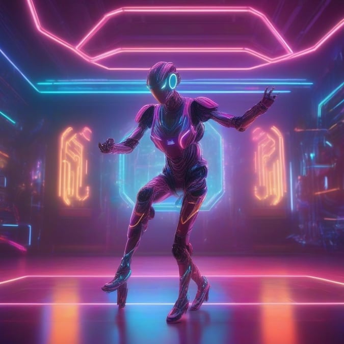 Embrace the neon glow as this futuristic robotic dancer struts the virtual dance floor, embracing a retro-futuristic theme that's both nostalgic and otherworldly.