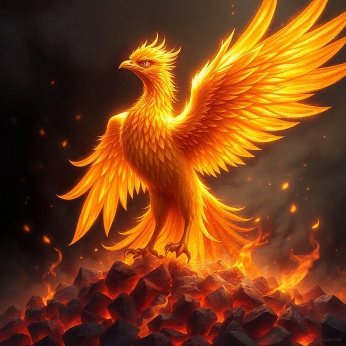 A fantastical golden phoenix, wings spread wide, standing atop a fiery inferno. Embodying rebirth and renewal, this magnificent creature is a symbol of strength and transformation.