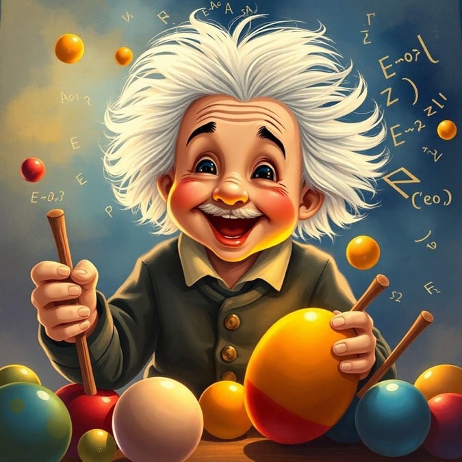 A whimsical depiction of the famous scientist Albert Einstein, as a playful and joyful figure amidst mathematical equations, celebrating his 'Eureka!' moment.