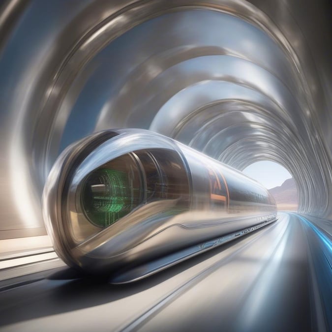 A sleek and modern train speeds through a metal tunnel, with a large screen on the front displaying a green circuit board pattern.