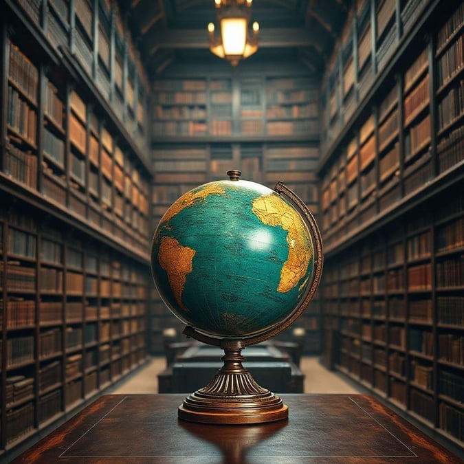 A classic, old-world globe sits on a desk amidst towering bookshelves of knowledge.