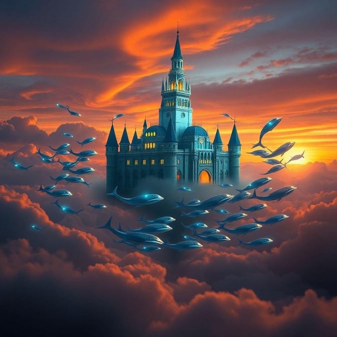 An enchanting 3D art piece depicting an iconic palace with spires piercing a dramatic sky during dusk, where whales and dolphins gracefully swim around it, creating a dreamy scene that blends fantasy with reality.