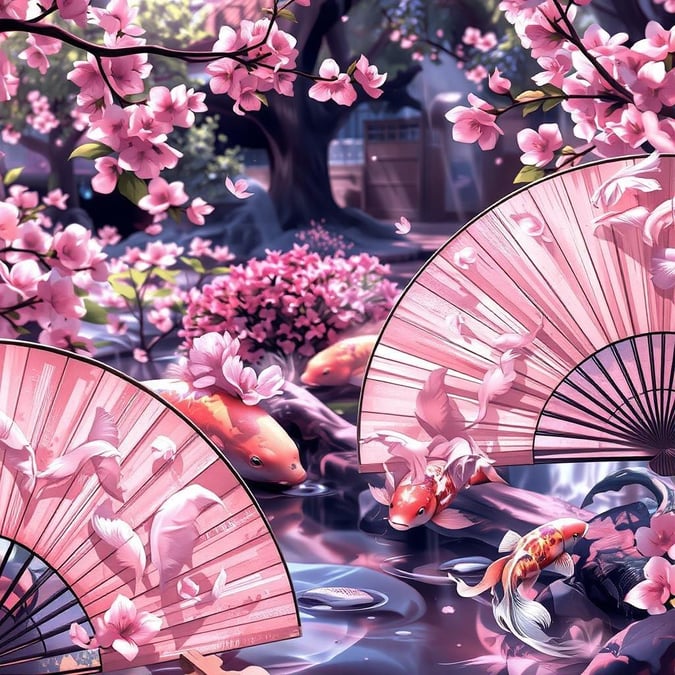 Immerse yourself in the serene beauty of this Anime garden wallpaper, where delicate koi fish swim amidst lush pink cherry blossoms, all set against a backdrop of elegant fans adorned with feathers.